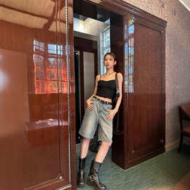 美式复古做旧牛仔短裤女高腰宽松遮肉显瘦百搭五分中裤直筒阔腿裤