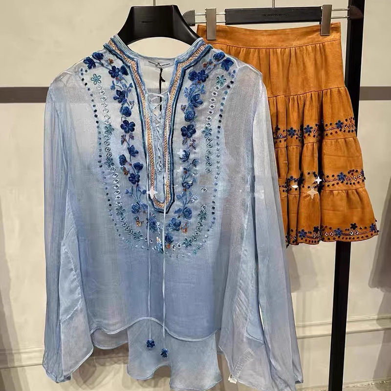 Now 2025 Spring and Summer New Niche Embroidered Ethnic Style Shirt Tops V Neck Long-Sleeved See-Through Shirt for Women