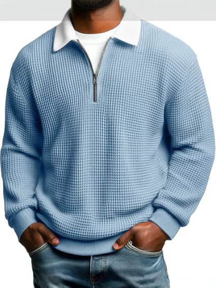 2025 New European and American Style Men's Waffle Zipper Turn-Down Collar Color-Block Polo Shirt Casual Long-Sleeve Top Solid Color Men's Clothing