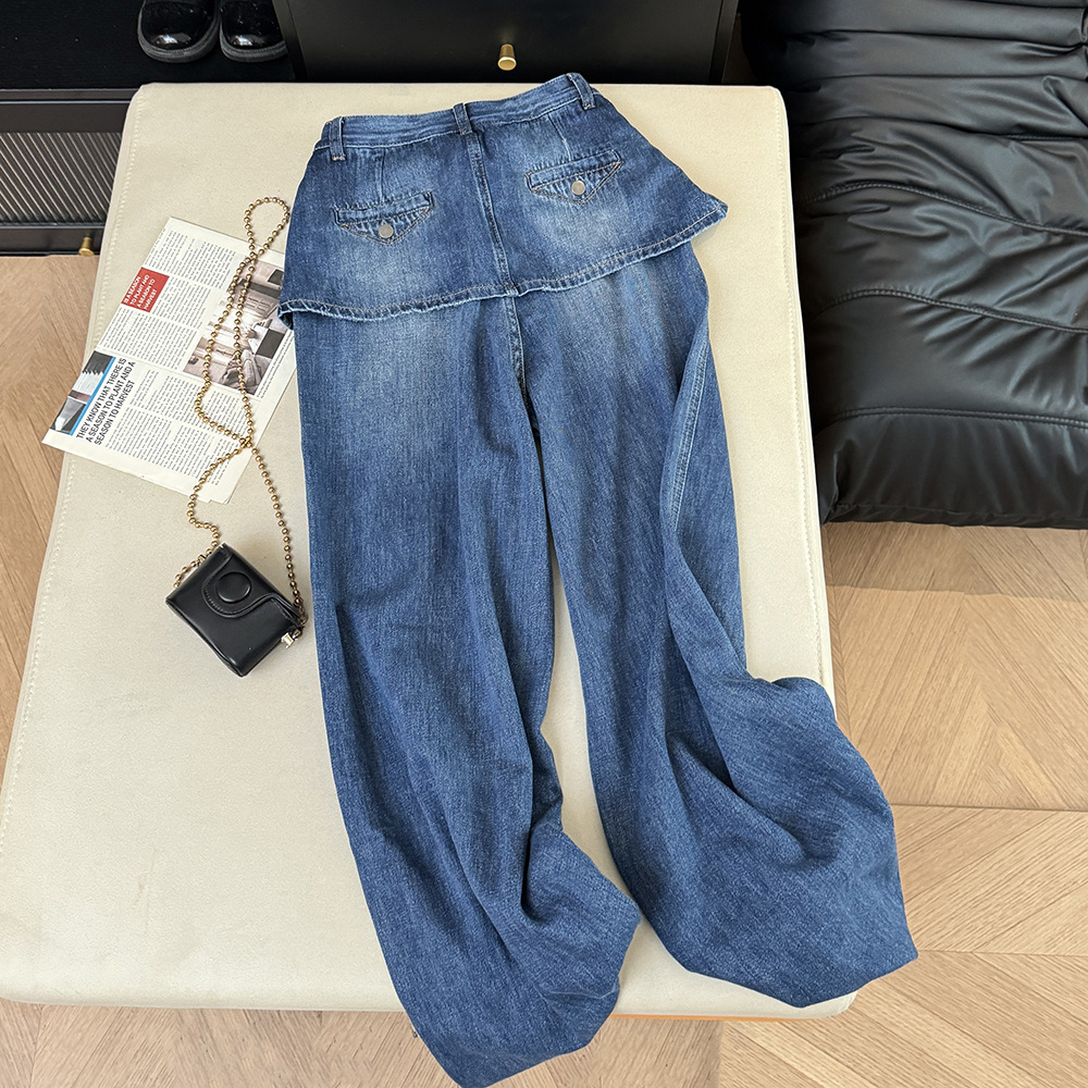 High-Waisted Faux Two-Piece Slimming Wide Leg Denim Culottes Casual Straight Leg Loose Fitting Summer Trendy Women's Jeans_ecoleips.com