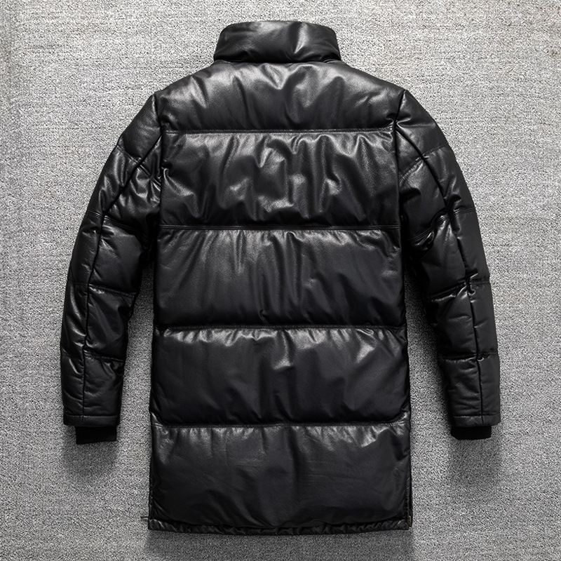 Leather keep warm windproof long down jacket for leisure, cowhide, genuine leather, plus size