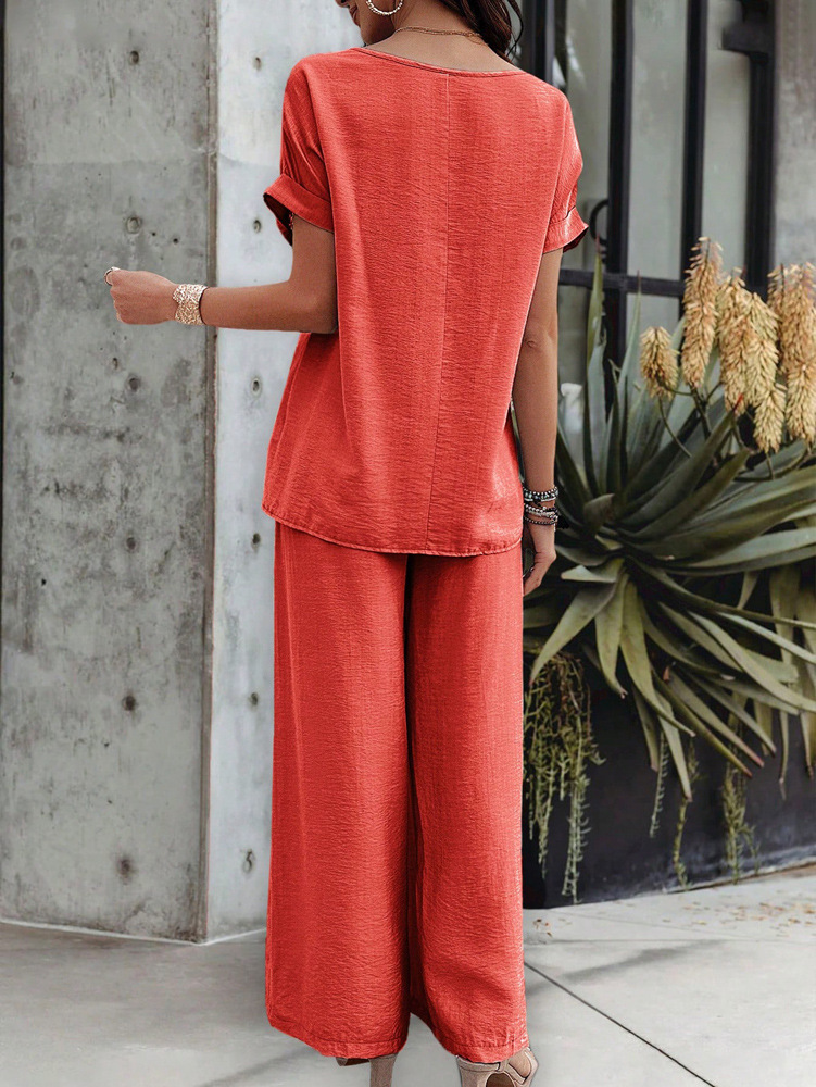 455g Weight Half Sleeve, Half Sleeve Sleeve Length Spandex, Polyester Fabric Type Low Waist Waist Line Short Top Length Pant Co-ord Set, Pant Co-ord Set Sets Type 2 Pieces Set Quantity Casual, Daily Occasion Round Neck, Round Neck Neckline Loose, Loose Fit Type Stripe, Solid Color Pattern Summer, Spring, Autumn Season Women's Gender Hollow Out Design Streetwear, Streetwear Style Apricot Color KaiKuO Women's Fashion Independent Station 2024 Spring Summer Export Casual Fashion Solid Color Short Sleeve Long Pants Hollow Out Set 30