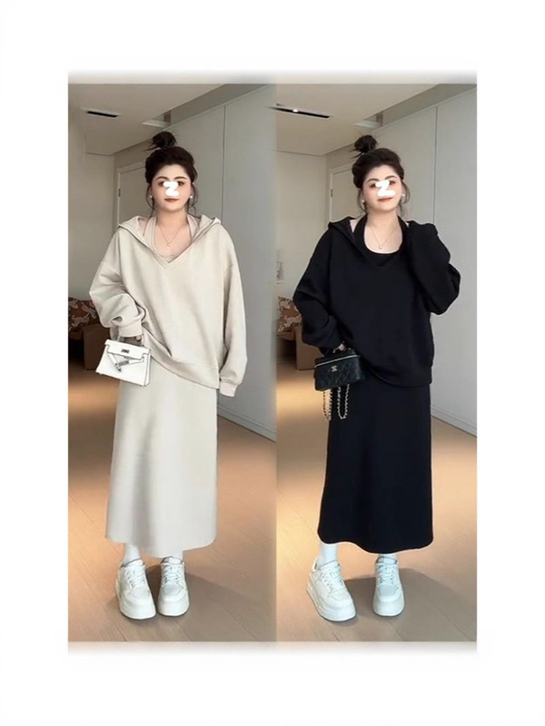 早秋韩系穿搭套装女2025秋季新款休闲卫衣挂脖背心裙子上衣两件套|undefined
