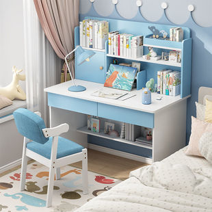 Children's Desk Bookshelf Integrated Table Solid Wood Color Student Study Table Writing Table Girl Bedroom Computer Table and Chair Set