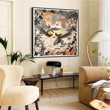 《比翼鸟》中古丝巾画客厅中式沙发装饰画东方美好寓意艺术画挂画