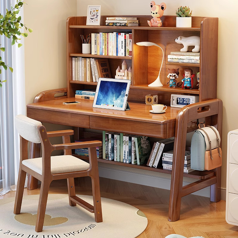 Solid Wood Desk Bookshelf Integrated Children's Study Table Primary School Students Homework Desk and Chair Home Bedroom Lift Writing Desk