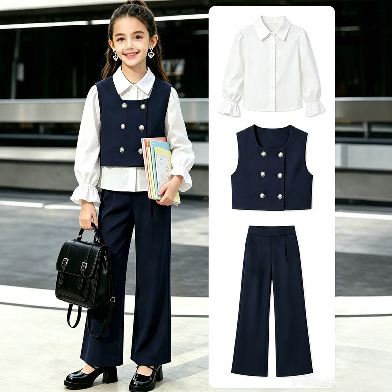 Foreign Trade Children's Three-Piece Suit, Dark Blue Vest, Long-Sleeved Shirt, Trousers, British Style Girls' Suit Foreign Trade Children's Three-Piece Suit, Dark Blue Vest, Long-Sleeved Shirt, Trousers, British Style Girls' Suit