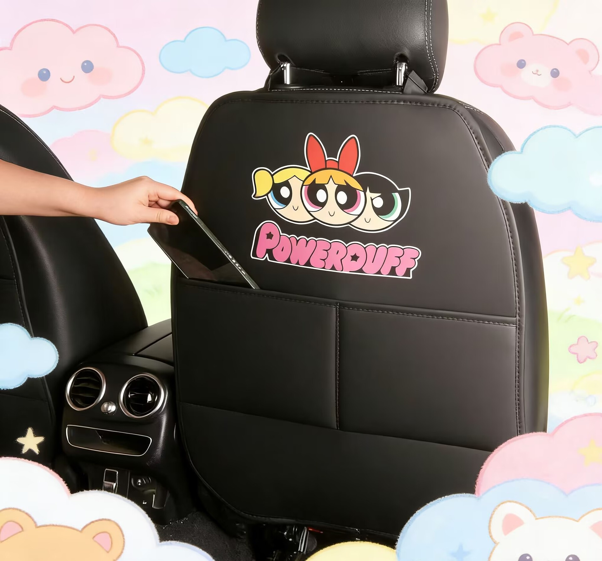Powerpuff Girls Cute Cartoon Car Seat Back Anti-Kick Pad, Car Rear Seat Anti-Dirt Pad with Storage Bag