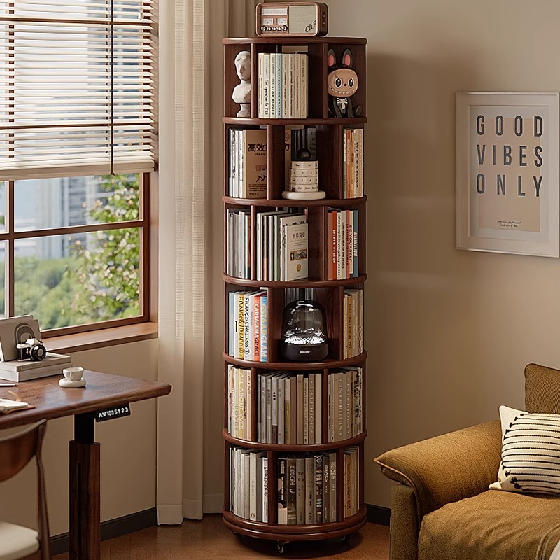 Estantería giratoria de madera maciza completa, estantería de 360 grados, una pieza contra la pared, estante de esquina de piso para sala de estar doméstica móvil