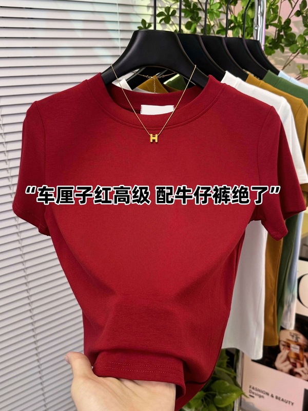 フラワーグレーラウンドネック半袖スリムフィットシャツ女性の夏の新しい気質ハイエンドストレッチトップTシャツトレンディ|undefined