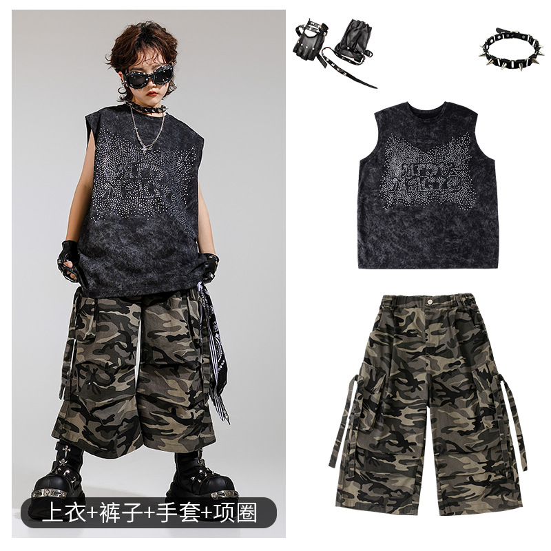 Disfraz de niño de baile callejero para niños, traje de chaleco sin mangas de diamantes calientes para niños guapos