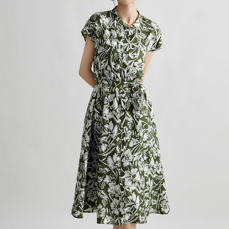 Heavyweight Double Crepe Silk Floral Dress, Mulberry Silk Printed Long Dress with Shoulder Straps, Spring and Summer Women's Clothing