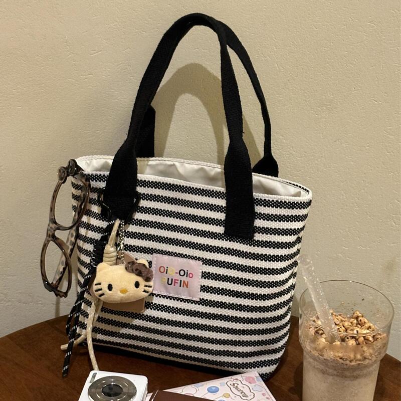 Large-Capacity Striped Canvas Bag for Women, Suitable for Daily Outings and Commuting, Open-Top Tote Bag, 2025 New Model, High-Value Handbag