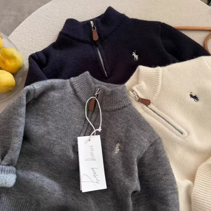 儿童毛衣加绒加厚男女童半拉链针织衫内外搭套头衫小马刺绣童装