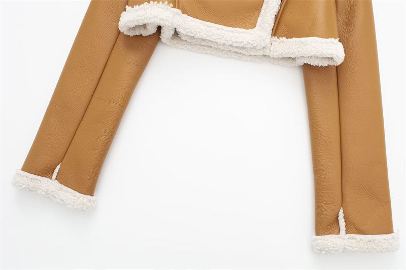 Vêtements pour femmes Automne et hiver veste de moto à revers double face pour femmes à la mode taille haute slim court haut à glissière de couleur contrastée_voghion.com