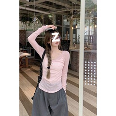 纯欲风v领长袖微透T恤女装夏季修身薄纱防晒罩衫辣妹上衣