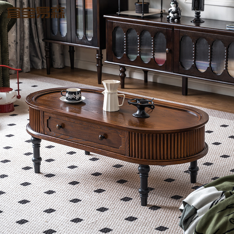 French Vintage Coffee Table Combination American Solid Wood Oval Coffee Table High-grade Middle-style High-grade Furniture
