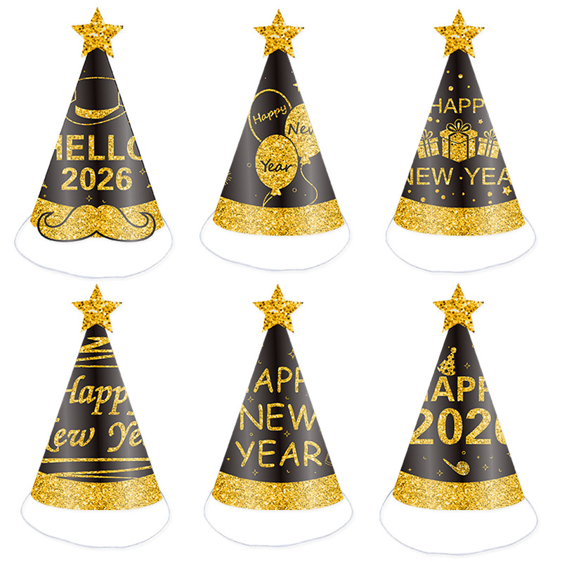 クロスボーダー 2026 新年パーティー新年の夜ブラックゴールドパーティーハット子供花火バルーン紙帽子卸売|undefined