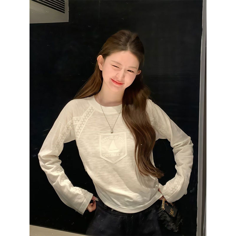 Morning Collar [Original Quality] [Jacquard Fabric] Sailboat Embroidery Spliced Lace Long Sleeve T-Shirt Autumn Slim Fit