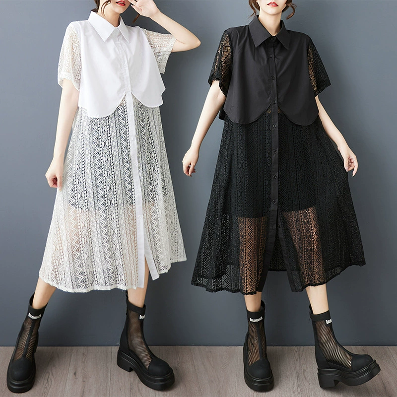 Настоящая летняя новая стильная свободная сетчатая повседневная простая милая рубашка-платье большого размера с короткими рукавами