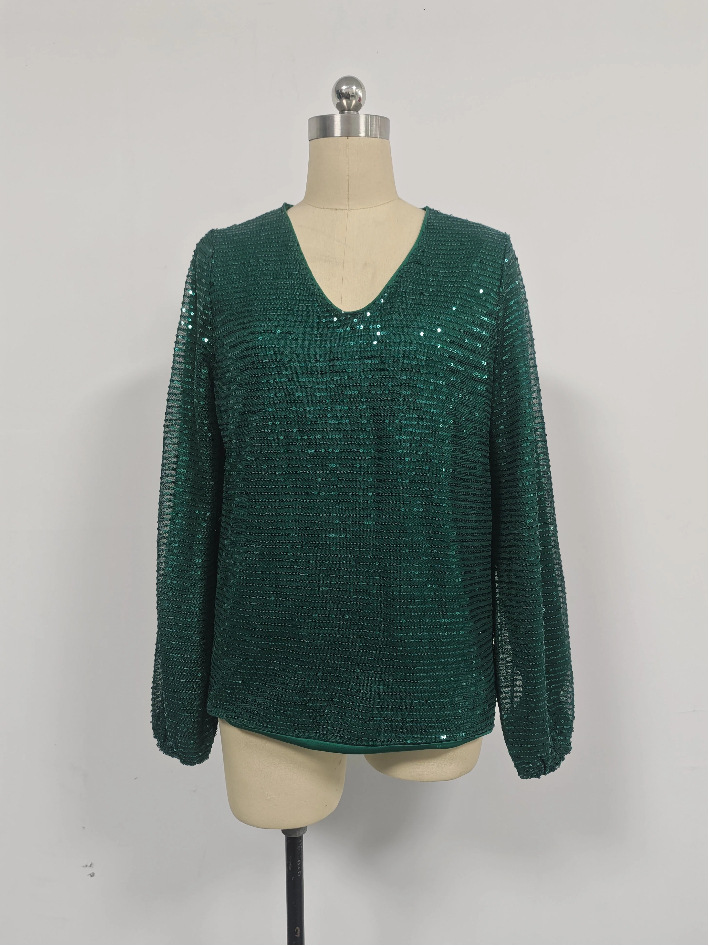Elegant Women's V-neck Sequin Tunic Top, Long Sleeve Glitter Tee_voghion.com