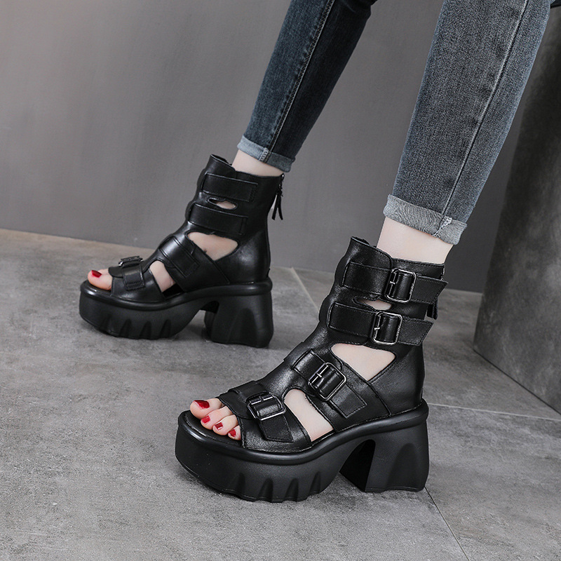 Sandal hở mũi nữ da bò cao gót 9 cm quai khóa xỏ ngón — màu đen
