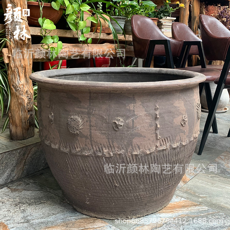 Earth Pottery Cylinder Basin Homestay Decorative Cylinder Ceramic Cylinder Ceramic Basin Tile Large Basin Water Lotus Basin Lotus Basin Large Flower Pot