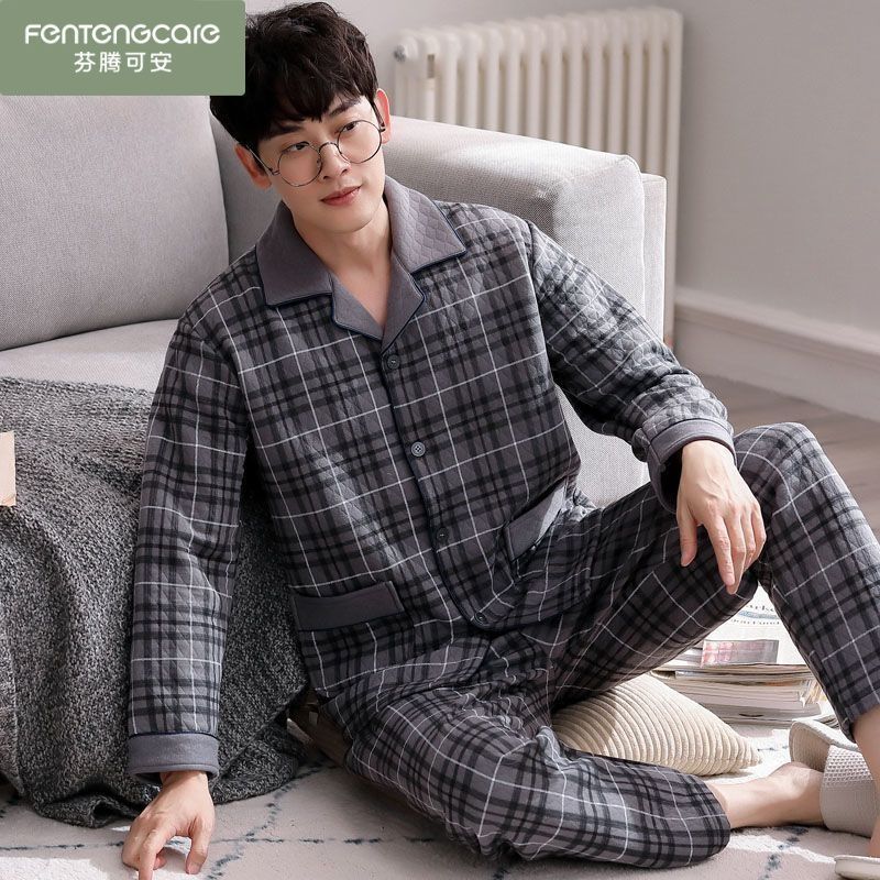 Pajamas de algodón de primavera y otoño para hombres, ropa de hogar de manga larga engrosada, otoño y invierno, conjunto de algodón de aire intercalado