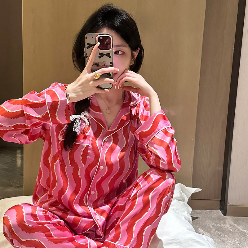 [Rainbow stripes] Korean ins style pajamas women's ice silk long sleeve girl's spring and autumn home wear suit wholesale