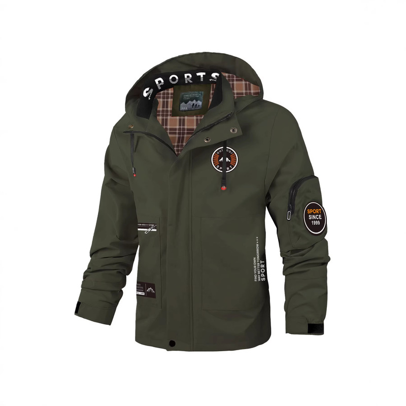 Plus-size men's outdoor hiking hooded jacket with multiple pockets, windproof utility coat, seamless design, available for dropshipping