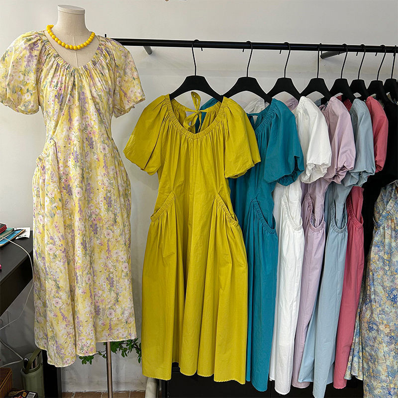 French Puff Sleeves, Pleated Back Lace-Up Dress, Summer New High-End Pure Color High-Waisted A-Line Skirt