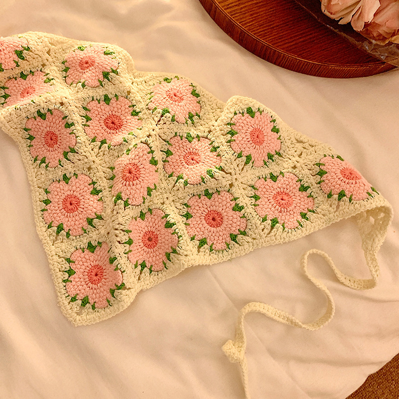 La atmósfera de la playa de flores triangulares de punto turbante de mujer estilo retró pastoral francés correa de pelo para tomar fotos