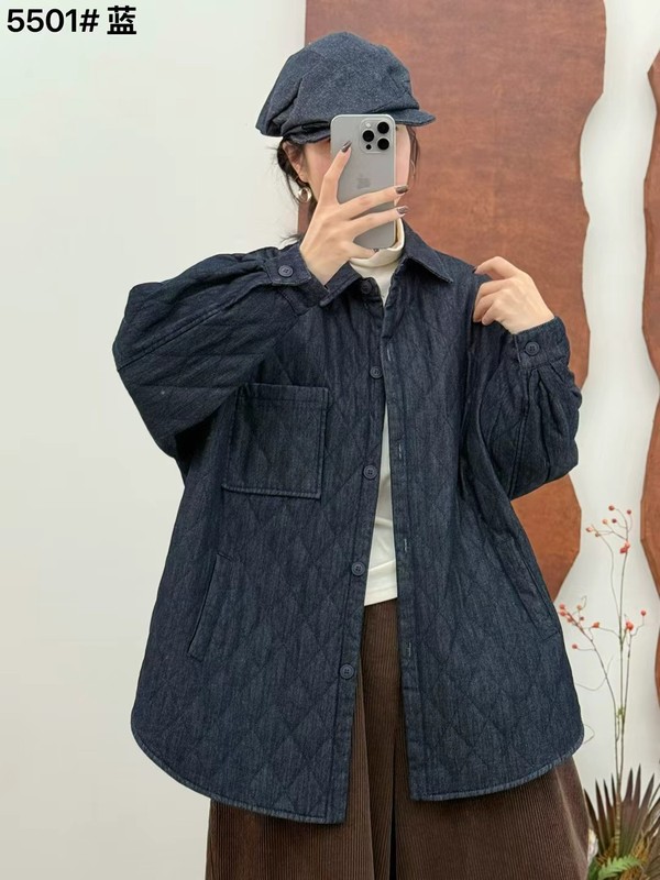 牛仔夹棉外套女 2025秋冬新款复古宽松翻领单排扣菱格棉服 5501|undefined