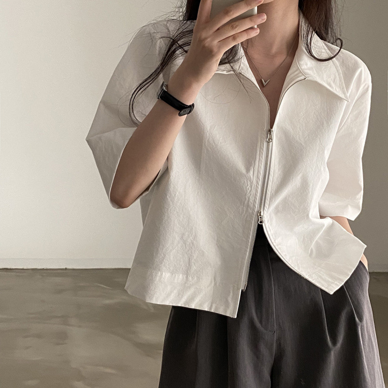 Summer retro design solid shirt with zipper