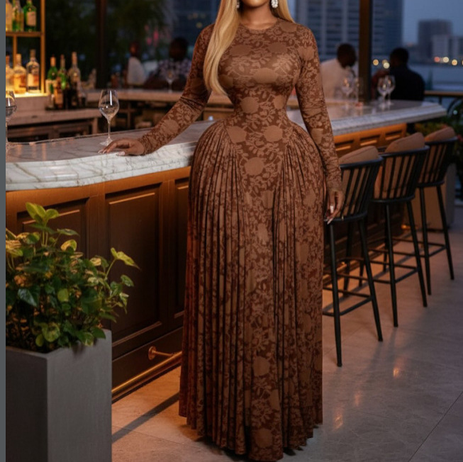 2026 New African Dress with Elegant Floral Print, Mesh Long Sleeves, Hollow-Out Design, Vacation Style Dress with 2 Pieces Included