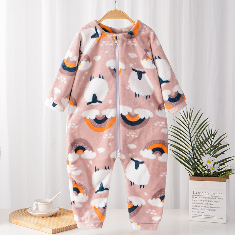 Franela de una pieza pijamas niños saco de dormir niños y niñas bebé mameluco bebé anti-patada edredón mameluco primavera y otoño engrosado de doble cara