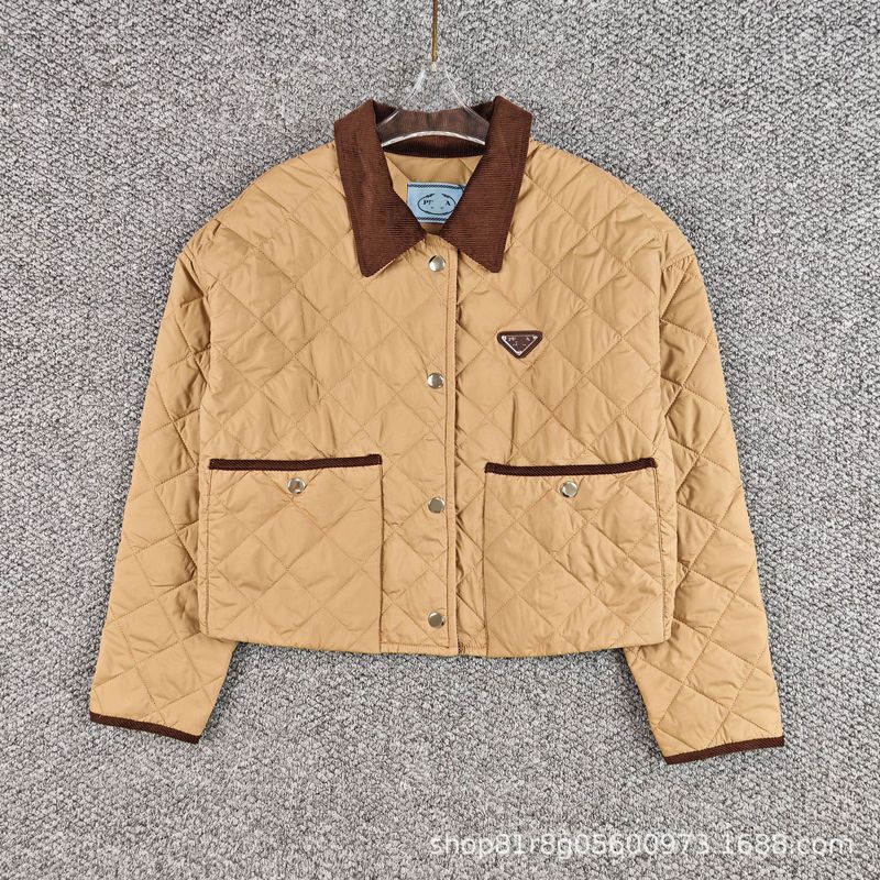 南油高版本秋季新款P家金属三角标菱格POLO领短款棉服外套|undefined