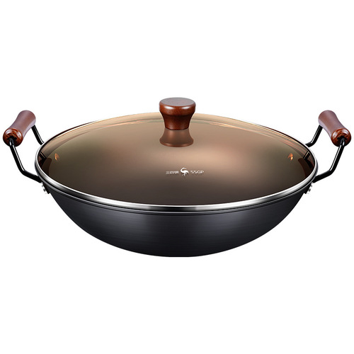 Sansi Steel double-eared iron pot household anti-rust cooking pot non-stick large pot wrought iron gas stove large iron frying pan