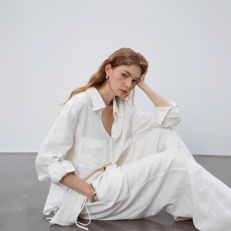 [High-Quality Product] 100% French Normandy Linen V-Neck Shirt, Summer Loose Fit Sun-Protective Long-Sleeve Shirt