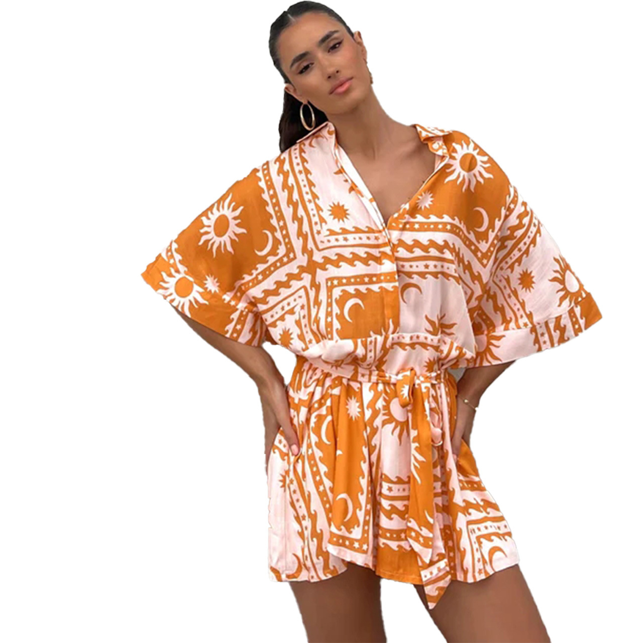 182g Weight Shorts Pants Length Polyester Fabric Type Mid Waist Waist Line Rompers Pants Type Micro-Elastic Elasticity Jumpsuit Tops Type Holiday, Daily Occasion Regular Fit Fit Type Sun Pattern Summer Season Women's Gender Printing Design Vacation Style Women's Holiday Daily Jumpsuit Vacation Sun Shorts Printing Rompers 43