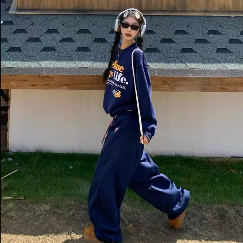 美式复古运动套装女秋季慵懒风宽松休闲圆领卫衣长裤时尚两件套潮|undefined
