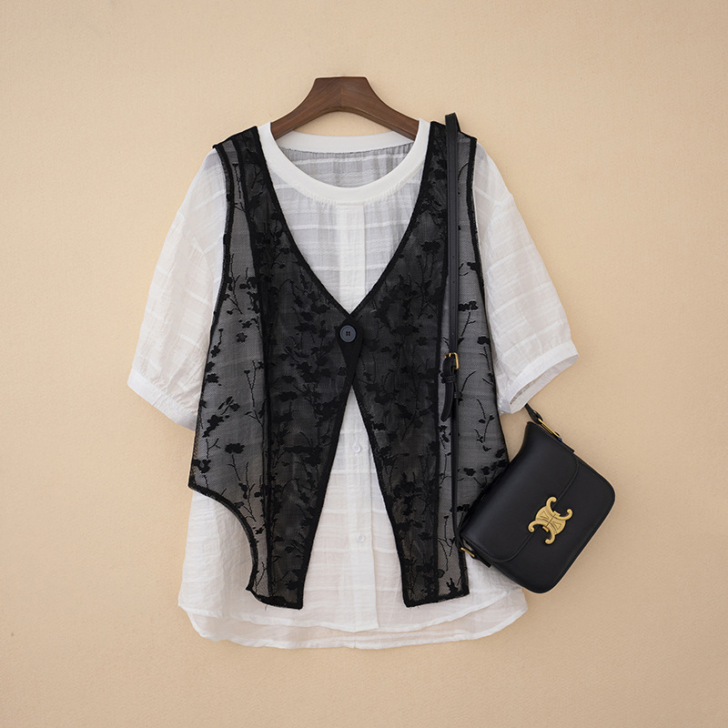 High-End Black Gauze Lace Fake Two-Piece Tencel Cotton and Linen Short-Sleeved Shirt Summer Loose Splicing Large Size Vest Shirt High-End Black Gauze Lace Fake Two-Piece Tencel Cotton and Linen Short-Sleeved Shirt Summer Loose Splicing Large Size Vest Shirt