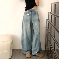 女性用ハイウエストリップドデニムワイドレッグパンツ、プラスサイズ、太いmm、秋のデザイン、ヒップカバー、痩身、ウォッシュドフロアレングスストレートパンツ