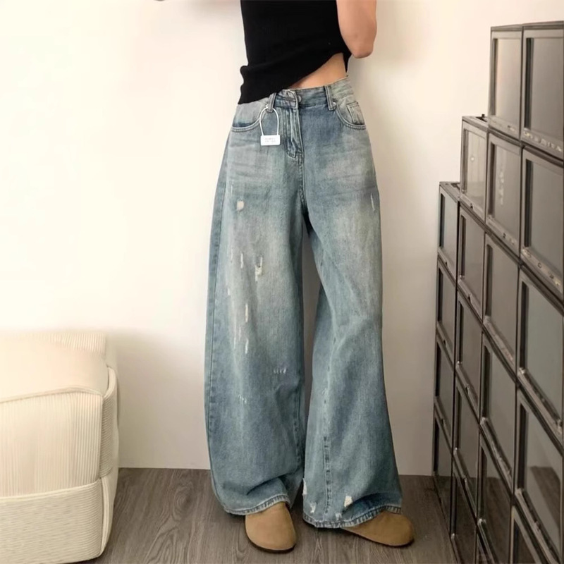 High-Waisted Ripped Denim Wide-Leg Pants for Women Plus Size, Autumn Design, Hip-Covering, Slimming, Washed, Floor-Length Straight Pants