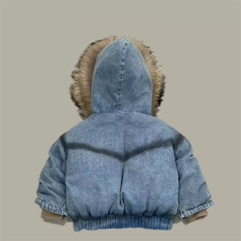 2025新款男童牛仔羽绒棉服帅气冬装加厚保暖连帽大毛领棉衣宝宝潮|undefined