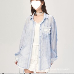 跨境BZXO设计感蕾丝拼开衩衬衫女长袖春夏新薄宽松休闲防晒外套浅