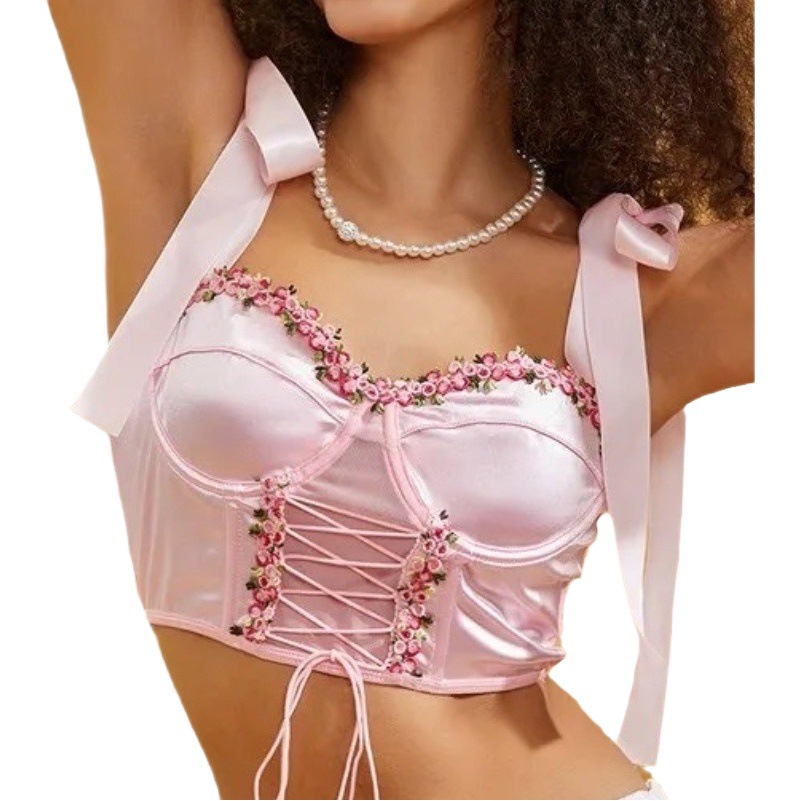 Top de Encaje con Cordones, Estilo Europeo y Americano, Color Sólido, con Tirantes, Estilo Bandeau, con Lazo, Superventas
