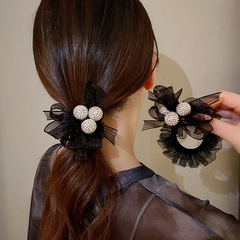 韓國網紅新款蝴蝶結歐根紗發圈女圓珠水鑽頭飾夏季氣質扎馬尾皮筋