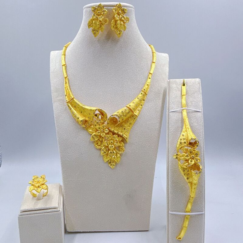 Dubai 24K Gold Jewelry Set Women's Saudi Bride Wedding Necklace Earrings Ring Bracelet Four-Piece Set Wholesale