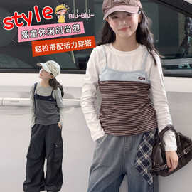 韩版儿童撞色假两件女孩条纹吊带拼接长袖打底衫中大童休闲上衣